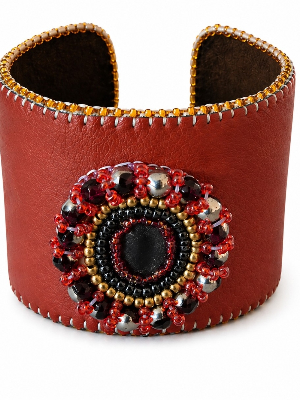 Beaded Red Leather Cuff Bracelet - Women Jewelry